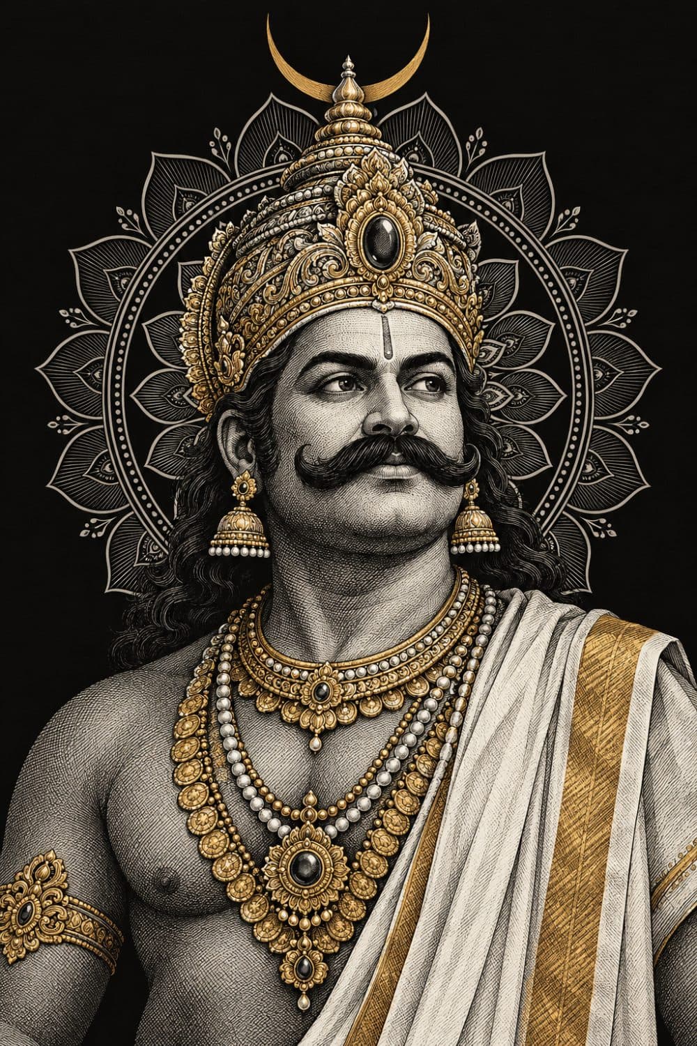 Mahabali, the Onam king, drawn in engraved line detail