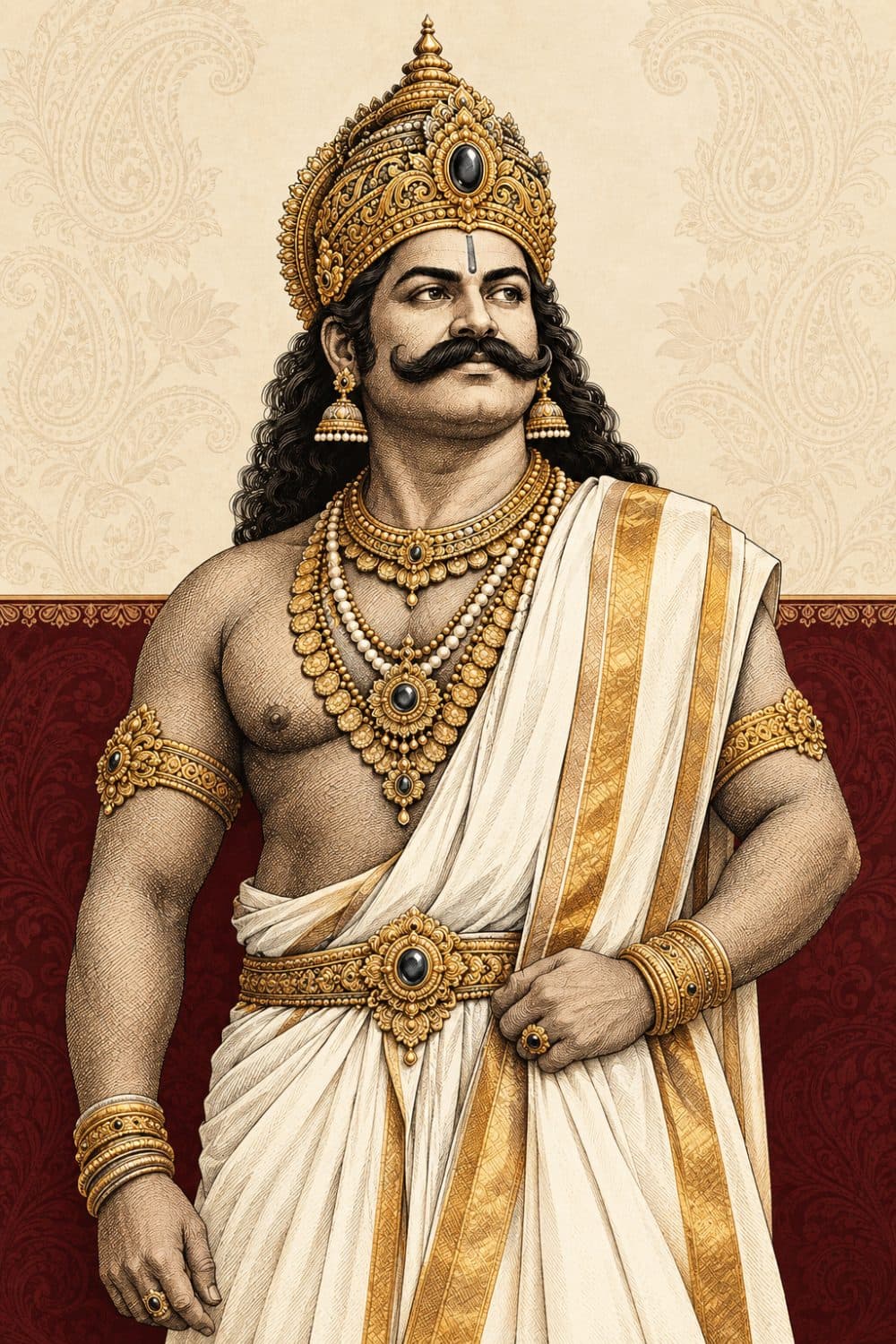 Mahabali in white kasavu and gold jewellery against an ivory and maroon ground