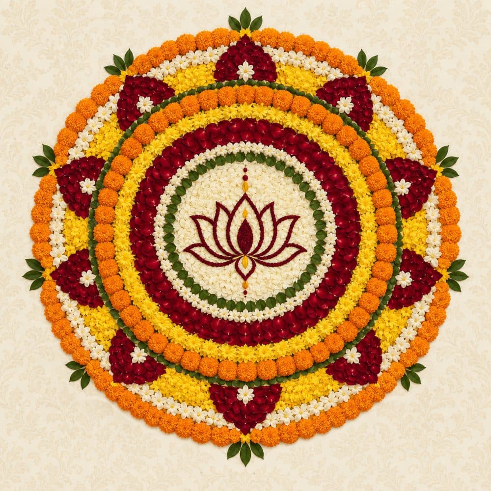 A pookalam laid in concentric rings of marigold, jasmine and rose petals