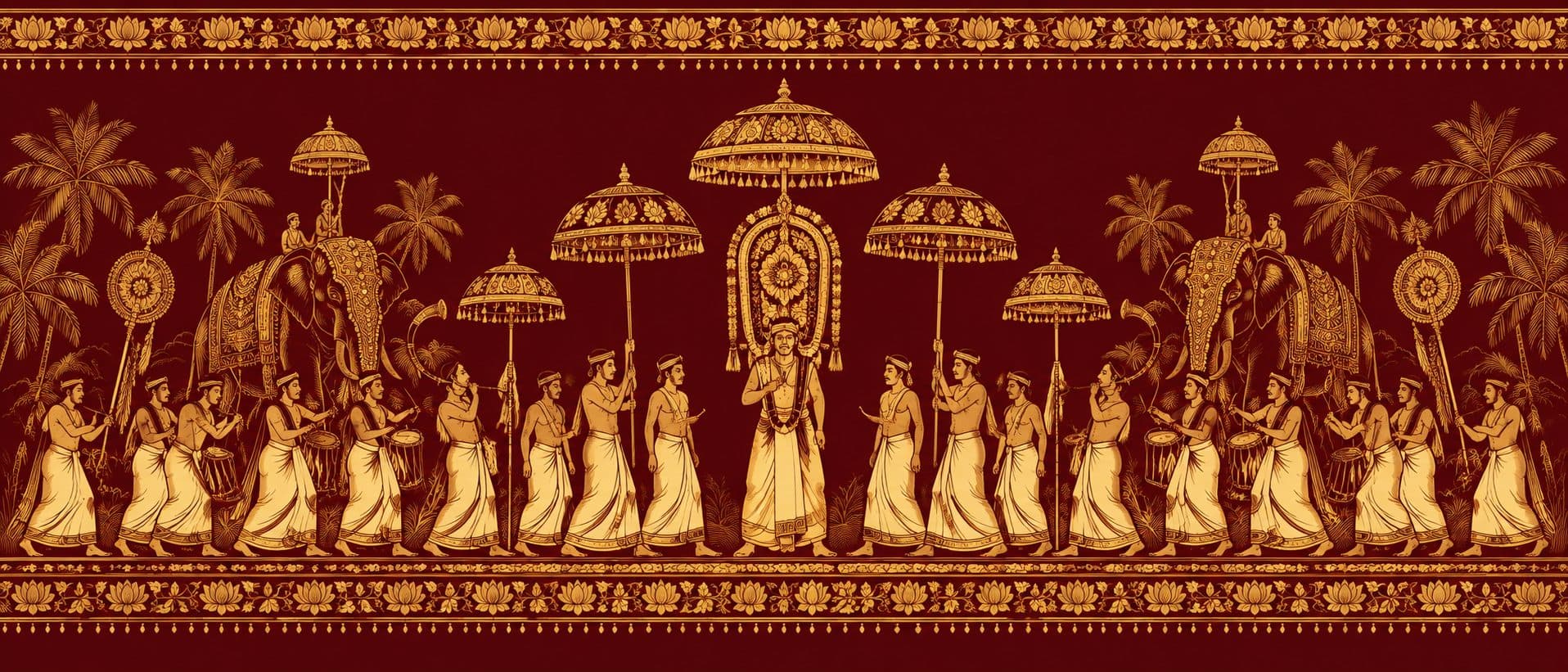 A gold-on-maroon frieze of an Onam procession with parasols, drummers and elephants