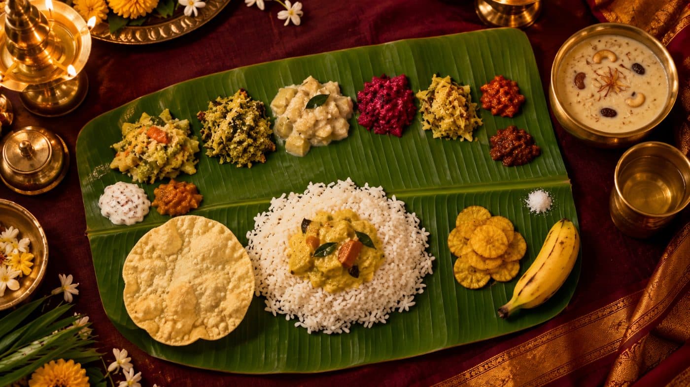 An Onam sadya served on a banana leaf, with payasam in a brass bowl
