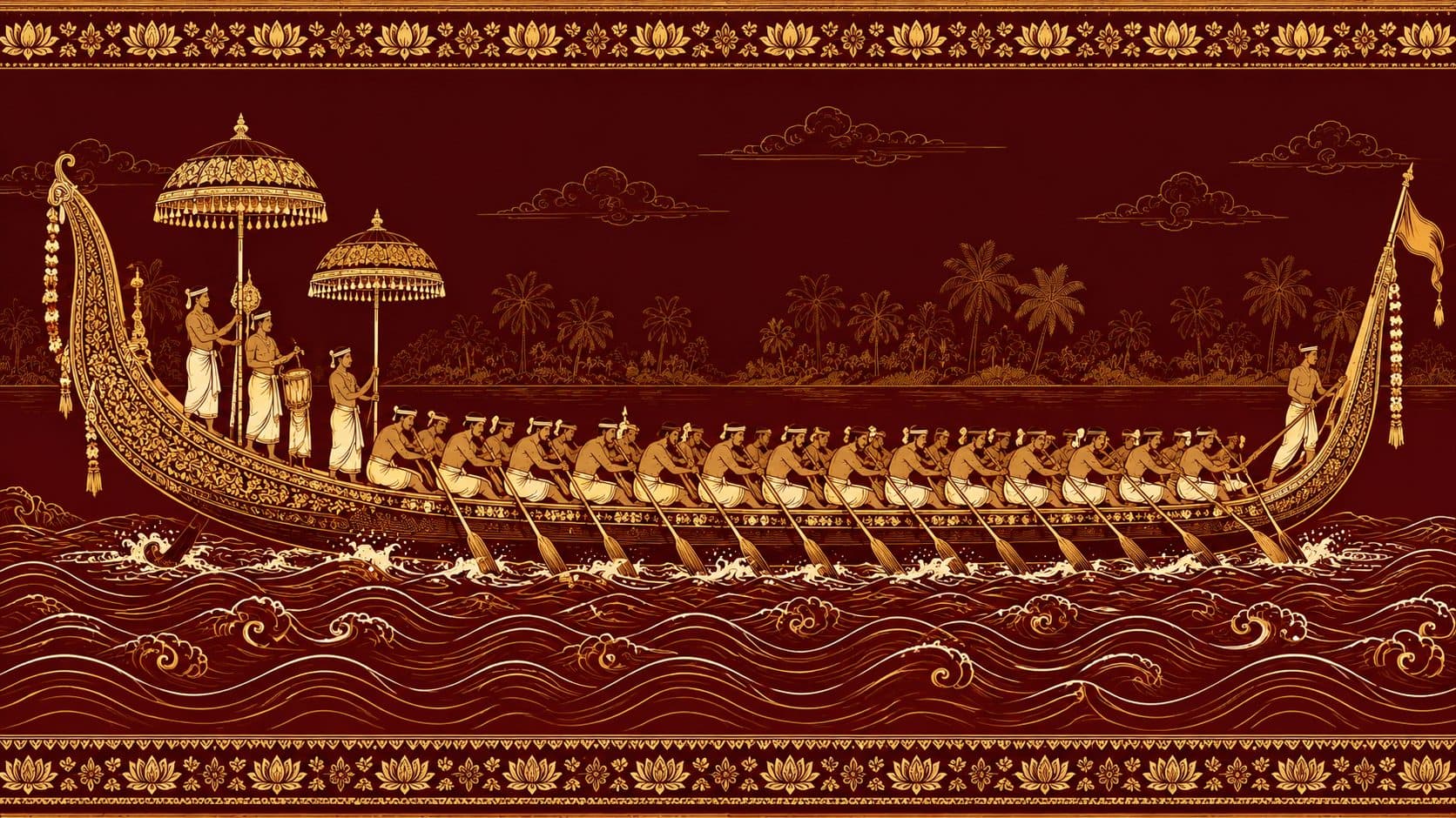 A gold-on-maroon illustration of a Kerala snake boat with rowers mid-stroke